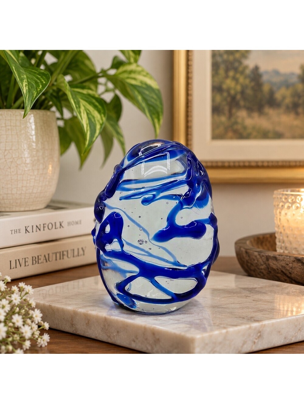 Vintage Cobalt Blue Clear Art Glass Egg Paperweight Applied Swirl Bubbles
